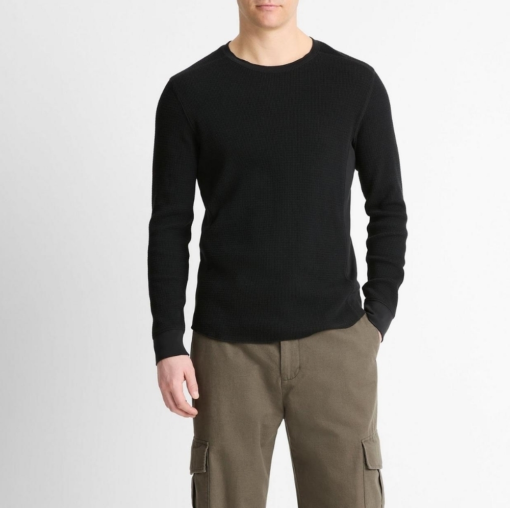 Vince Black Cotton Crewneck Thermal Long Sleeve Pullover Waffle Knit Shirt M